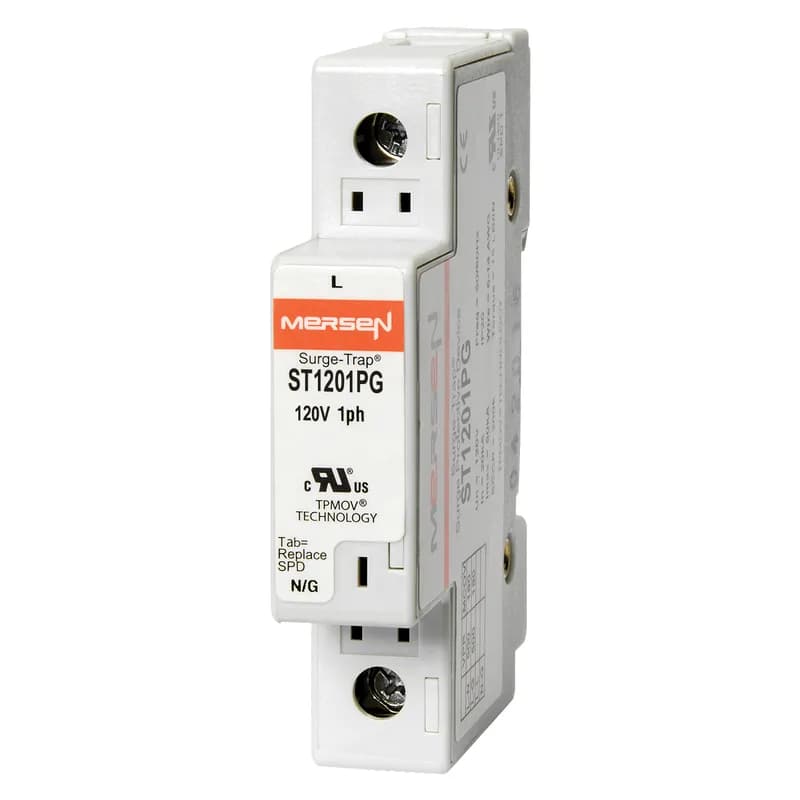 Surge-Trap® Surge Protective Device is a no-fuse surge suppressor. The Surge-Trap is a UL 1449 Third Edition compliant modular style surge protective device that is DIN-rail mountable featuring a fail-safe self-protected design, visual indicator and a small foot print. A remote indicator option provides status to critical control circuit. The Surge-Trap provides advanced overvoltage protection utilizing Mersen's patented TPMOV® technology without additional protection devices. 120 Volts single phase system type .