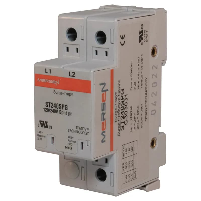 Surge-Trap® Surge Protective Device is a no-fuse surge suppressor. The Surge-Trap is a UL 1449 Third Edition compliant modular style surge protective device that is DIN-rail mountable featuring a fail-safe self-protected design, visual indicator and a small foot print. A remote indicator option provides status to critical control circuit. The Surge-Trap provides advanced overvoltage protection utilizing Mersen's patented TPMOV® technology without additional protection devices. 120/240 Volts split phase system type .
