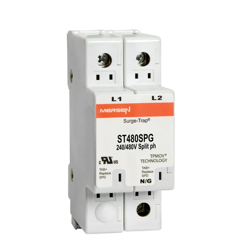 Surge-Trap® Surge Protective Device is a no-fuse surge suppressor. The Surge-Trap is a UL 1449 Third Edition compliant modular style surge protective device that is DIN-rail mountable featuring a fail-safe self-protected design, visual indicator and a small foot print. A remote indicator option provides status to critical control circuit. The Surge-Trap provides advanced overvoltage protection utilizing Mersen's patented TPMOV® technology without additional protection devices. 240/480 Volts split phase system type .