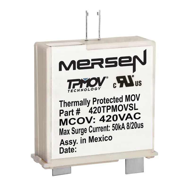 Mersen's patented TPMOV® (Thermally Protected Metal Oxide Varistor ) eliminates common destructive failure modes associated with standard MOVs. Comprised of a voltage clamping device and a disconnecting apparatus that monitors the status of the metal oxide disk inside the TPMOV, the device is securely disconnected in the event of an overvoltage by an arc shield. Upon failure, the TPMOV is also equipped with a visual pin indicator as well as a normally open microswitch providing remote indication, if applicable. 420 Volts Short Leads no indication series.