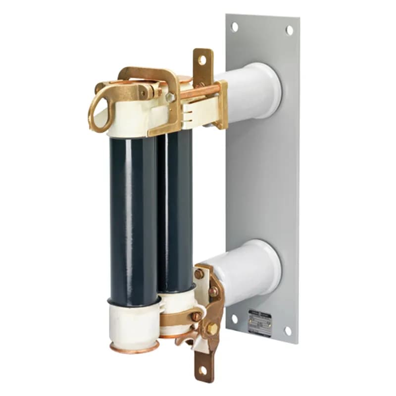 Fuse supports, non-disconnecting, are used primarily in potential transformer circuits, or where there is some other disconnecting or isolating device in series with the fuse in the circuit. Disconnecting switch devices have the additional feature of serving to isolate the equipment they protect. It should be noted that disconnecting switches are not load-breaking devices, therefore, the circuit must be open prior to the fuse disconnection. Select either a fuse support or a disconnecting switch for each fuse. Fuse supports and disconnecting switches include live parts for both ends. Both fuse supports and fuse disconnect switches can be mounted vertically or horizontally. The type EK are used for indoor installations while the type EKO are used outdoors. 15500 Volts EK-3DD AGG series.