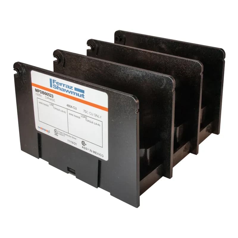 Open-Style PDB UL 1953 1000V Tin-plated Copper - 460A 3-Pole 2 - 2 openings; 4/0-#10 --- 4/0-#10 Box to Box