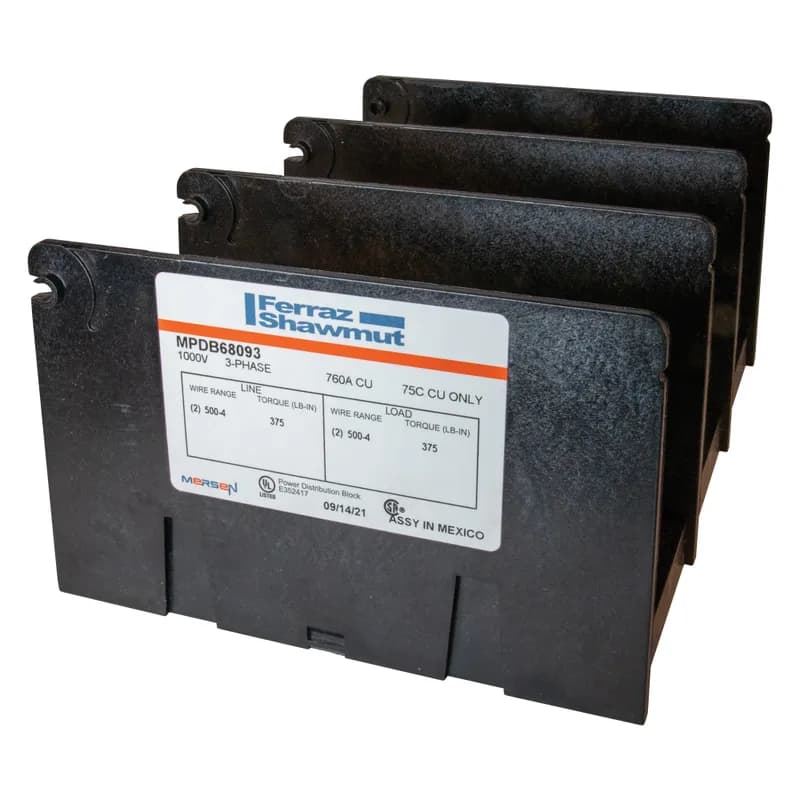 Open-Style PDB UL 1953 1000V Tin-plated Copper - 760A 3-Pole 2 - 2 openings; 500-#4 --- 500-#4 Box to Box