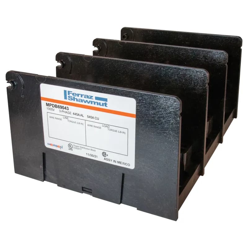 Open-Style PDB UL 1953 1000V 445A Tin-plated Aluminum - 545A 3-Pole 1 - 12 openings; 1000-250 --- #4-#14 Box to Box