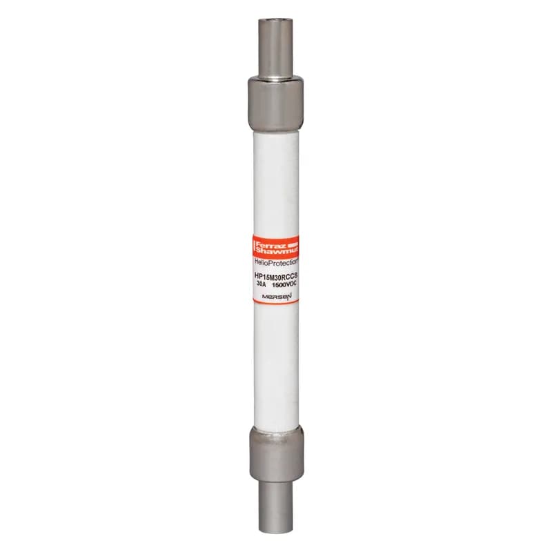 Mersen HP15M30RCC8-B - Mersen's HP15M GEN2 photovoltaic (PV) fuse series, SKU HP15M30RCC8-B, is engineered for the demanding thermal and current cycling conditions of PV systems. This 1500VDC rated fuse offers enhanced reliability through stringent cycle testing. It features a low minimum breaking capacity of 1.35 times the rated current, ensuring safe interruption during typical low fault conditions. The 'RCC8-B' variant includes Crimp Cap terminals, facilitating solderless wire-to-fuse connections ideal for overmold encapsulation in PV applications. Protect your grid-tied or off-grid solar installations from unexpected line faults with Mersen's HelioProtection® fuse line.