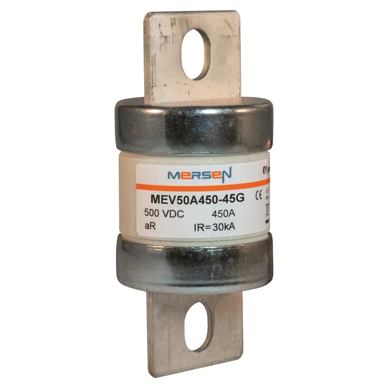 EVpack Fuse 500VDC UL 500VDC IEC 450A Size 45G Max. Rated Breaking Capacity DC: 30 kA @ 500 V, L/R ≤ 2.5 ms Bolted