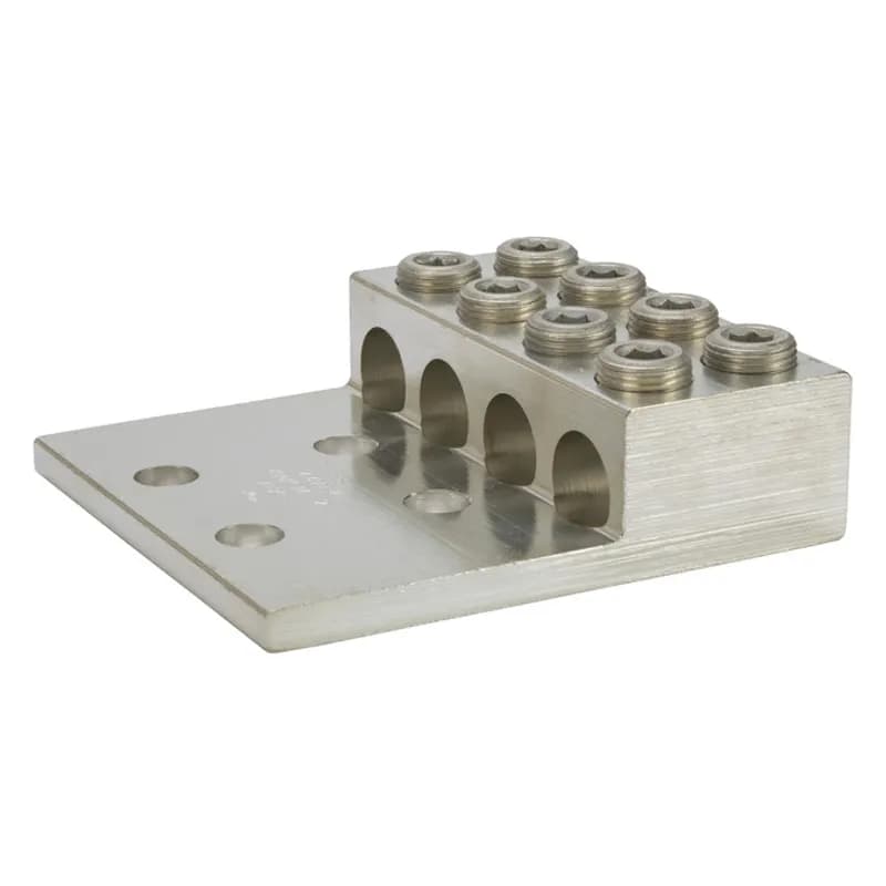 NSI Industries 4-600LL4 - 4 Port Double Set Screw Panelboard Lug 600 MCM - 2 AWG Large size set screw connectors with multiple mounting holes for a secure, turn-prevent connection. Made of 6061T-6 aluminum alloy. Tin plated for low contact resistance. For use with copper or aluminum conductors. 600V (2000V max, per UL486B). UL 486A/B Listed. Temperature rating 90 degrees C. All hole spacing is NEMA standard of 1.75".