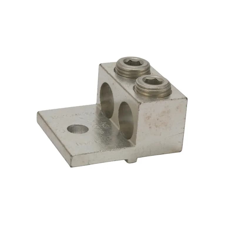 Dual Rated Turn Prevent Lug with (2) 350 MCM - 6 AWG conductors is made of 6061T-6 aluminum alloy. Electro-tin plated for low contact resistance. For use with both copper and aluminum conductors. Rated 600V (2000V max. per UL486B). UL 486A/B Listed. Temperature Rating 90 degrees C.