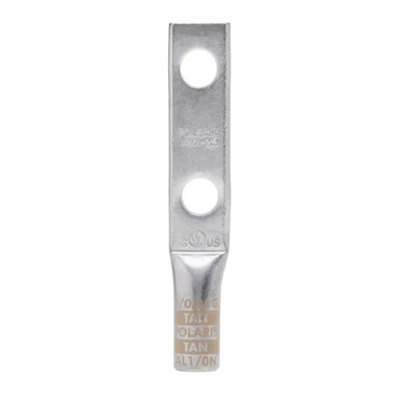 2HoleStandard BarrelAluminum Compression Lug1/0 AWG -1/2 Bolt Standard BarrelAluminum Compression Lugs is a type ofaluminum compression connector that is produced from high conductivityaluminum tubing.Center stop assures proper cable installation.They are tin-plated to provide corrosion resistance and are marked with die index and color coded for easy reference. Listed for 35KV maximum when properly installed.