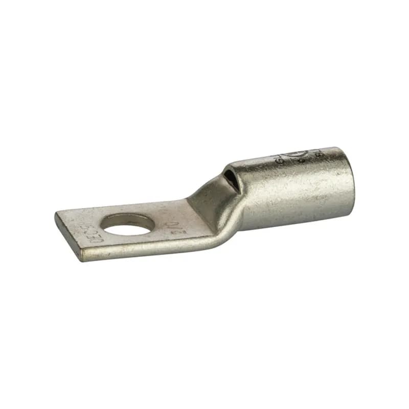 1 HoleShort Barrel Copper Compression Lug w/ PeepHole2/0 AWG-3/8" Bolt Short Barrel Copper Compression Lugs with PeepHoleis a type of copper compression connector that is produced from high conductivity copper tubing. They are tin-plated to provide corrosion resistance and are marked with die index and color coded for easy reference. Listed for 35KV maximum when properly installed.