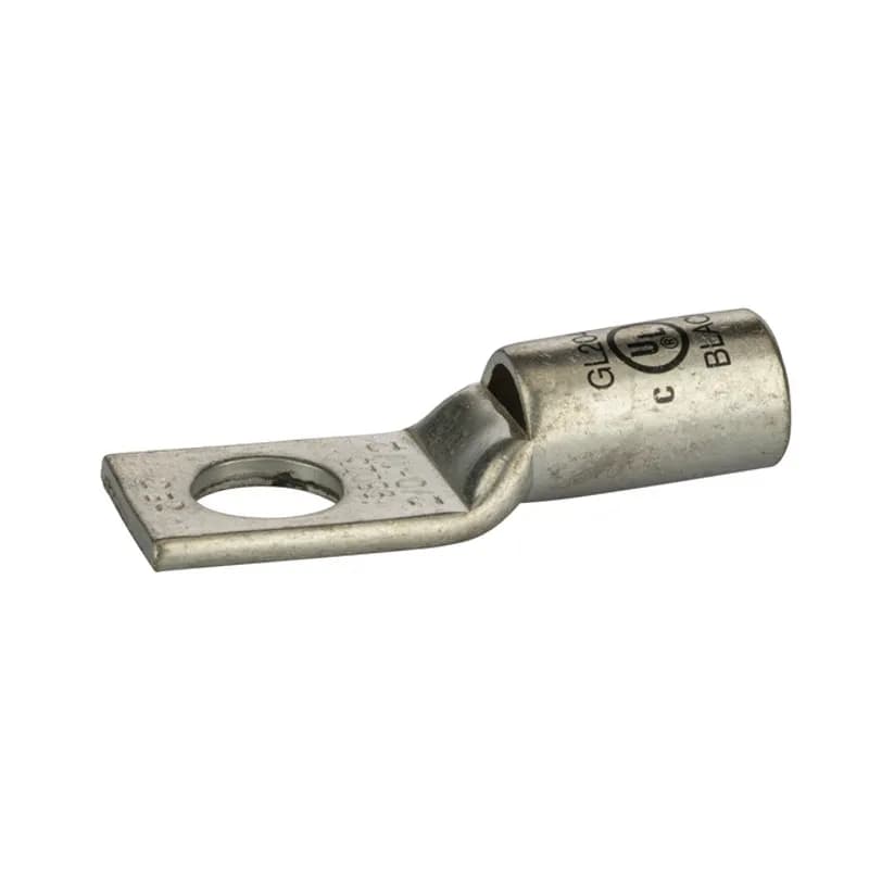1 Hole Short Barrel Copper Compression Lug w/ Peep Hole 2/0 AWG - 1/2" Bolt Short Barrel Copper Compression Lugs with Peep Hole is a type of copper compression connector that is produced from high conductivity copper tubing. They are tin-plated to provide corrosion resistance and are marked with die index and color coded for easy reference. Listed for 35KV maximum when properly installed.