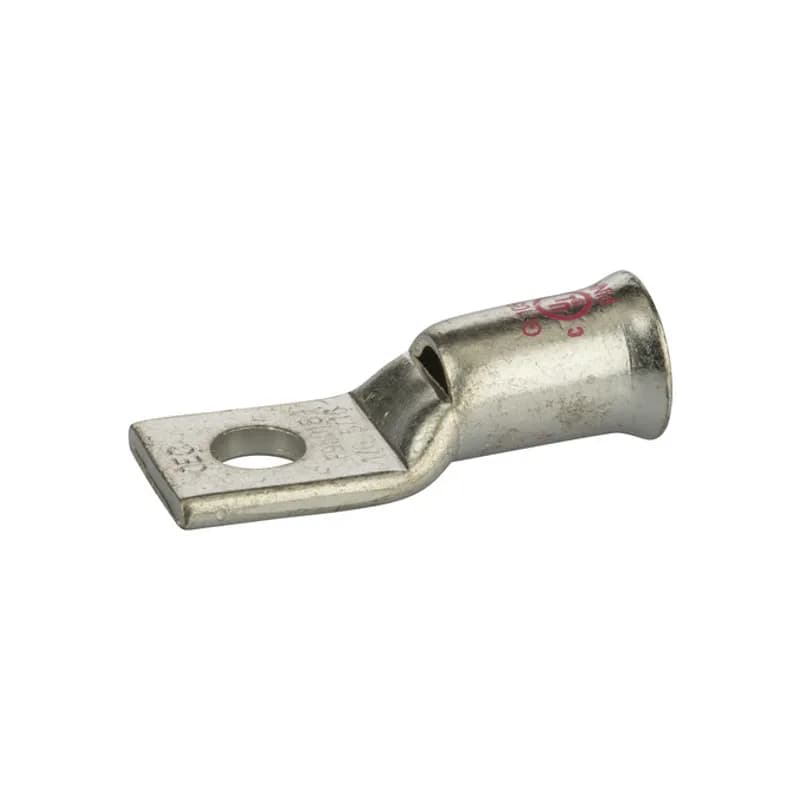 1 Hole Short Barrel Copper Compression Lug for Flexible Copper Cable 1/0AWG - 5/16" Bolt Compression lugs for flexible copper cables are connects that have a gentle, continuous flared end to ensure ease of cable insertion of flexible and extra flexible cables such as locomotive, welding, mining cable and more. The flared end also reduces pressure on the cable strands after installation and protects them from chafing and breakage as a result of cable movement. Tin-plated for corrosion resistance. Rated 600 volts for copper cables only. Single mounting hole.