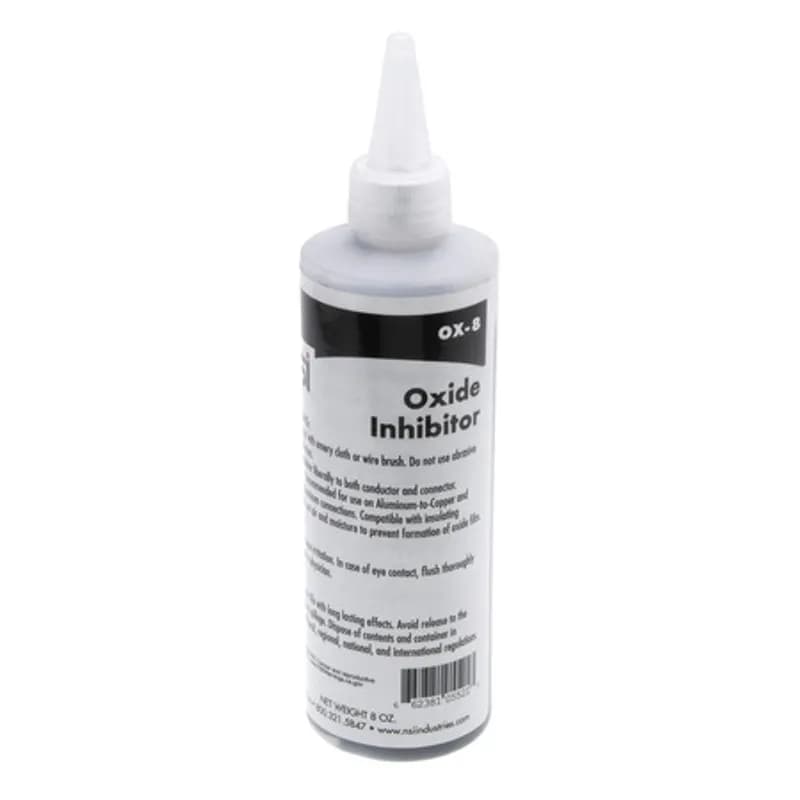 NSI Industries OX-8 - Universal Oxide Inhibitor APPLICATIONS: Universal Oxide Inhibitor prevents oxide from forming on aluminum and/or copper terminations. It remains stable over a wide temperature range and is supplied in clear, easy-squeeze bottles or tubes. SIZE: 8 oz UPC: 662381055217