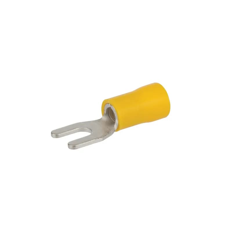 NSI Industries S12-8V - Spade terminal, vinyl insulated, 12-8 wire range, #8 stud size, electro tin plated copper with brazed seam, cULus listed. Provides safe and reliable connection because it cannot be disconnected unless the screw is completely removed, measures 0.812 long by 0.375 wide.