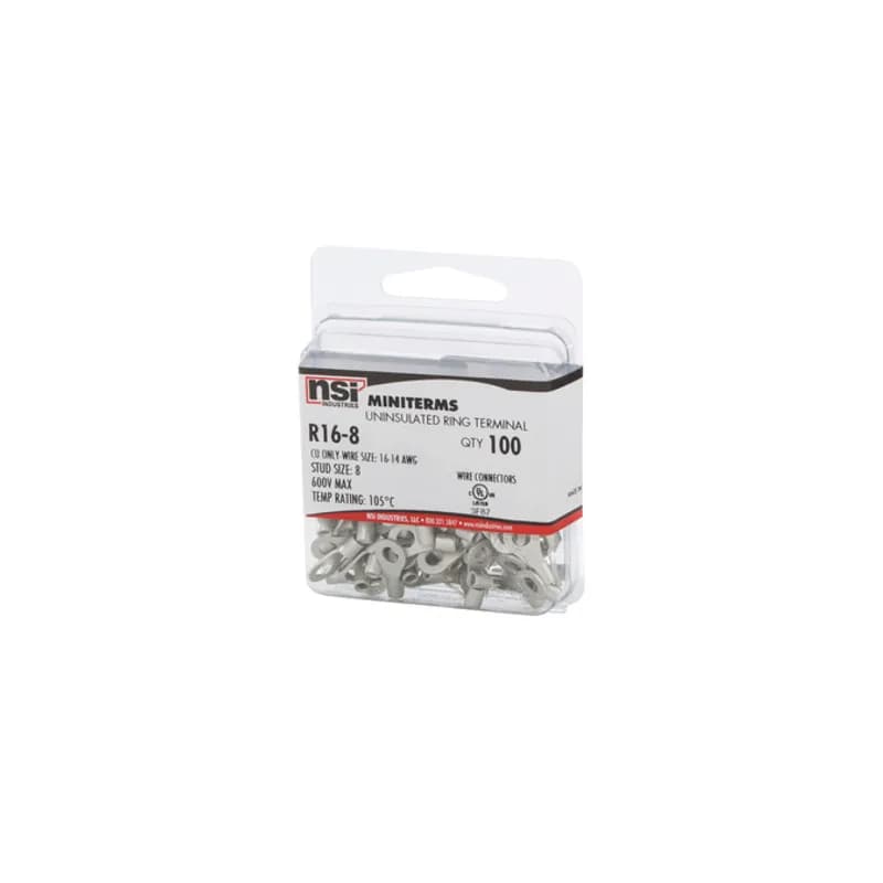 Tin-plated Copper Bare Ring Terminal is non-insulated and has a basic tongue type ring. Used for wire termination in applications with #8 Stud and 16-14 AWG. 100 Per Pack