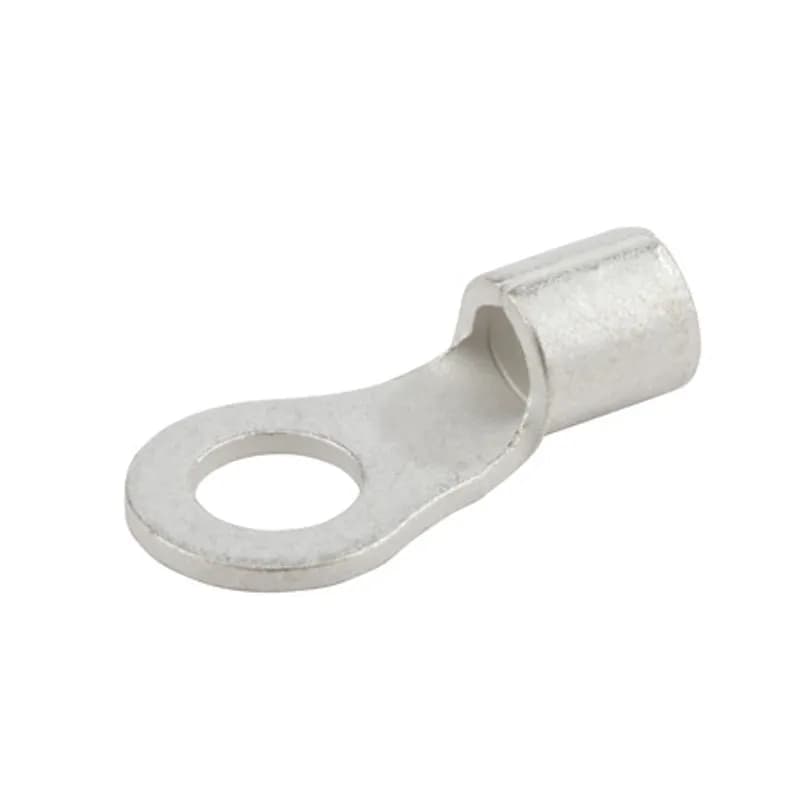 Tin-plated Copper Bare Ring Terminal is non-insulated and has a basic tongue type ring. Used for wire termination in applications with #10 Stud and 12-10 AWG. 50 per pack