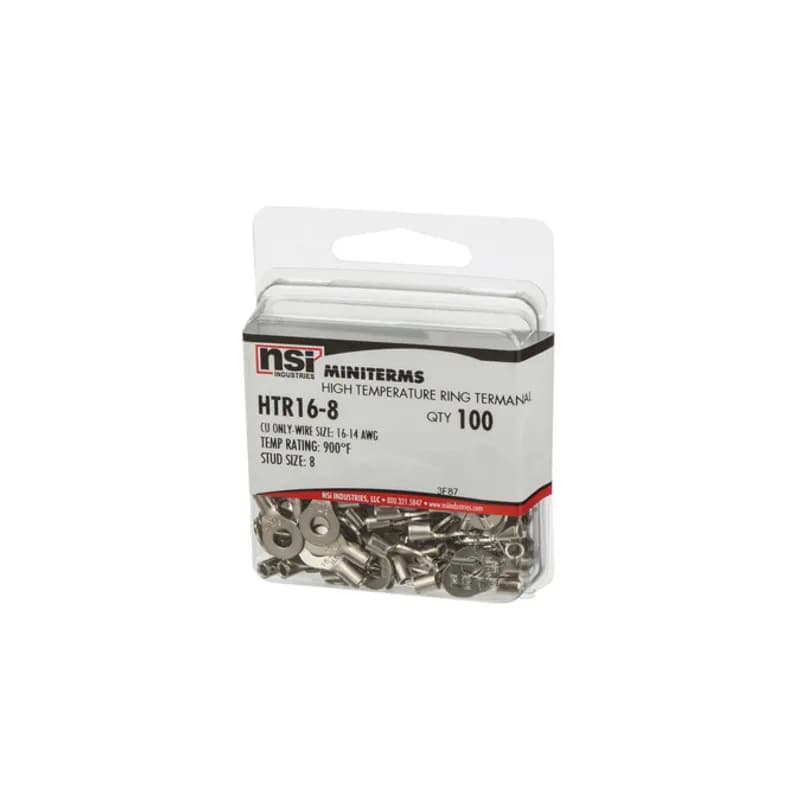 NSI Industries HTR16-8 - Non-insulated, Nickel Plated Copper, High Temperature 16-14 AWG Ring Terminal for # 8 Stud wire termination with 900F degree temperature rating.