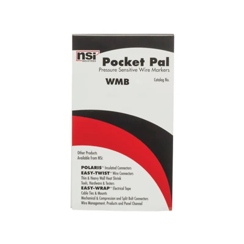 Pocket Pal Wire Marker Book with vinyl impregnated cloth nd strong adhesive for lasting labeling. Black legend on white background, 450 wire markers. Legend: A-Z, 0-15, +, -, /