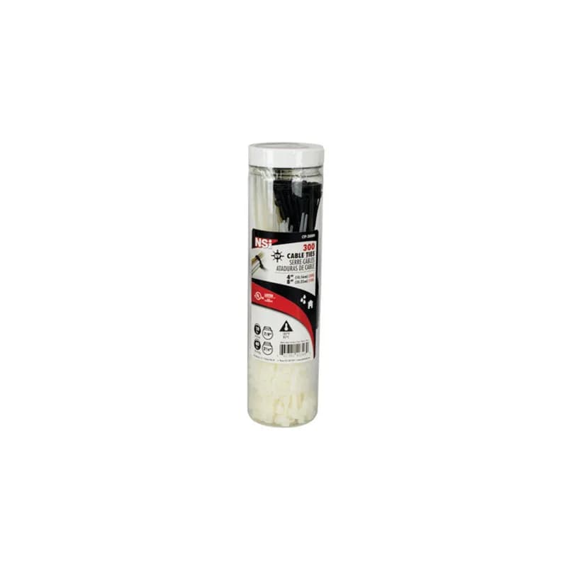 NSI Industries CTP-300 - 300-Piece Cable Tie Variety Pack 300-Piece Cable Tie Variety Pack are cable ties that come in an assortment of sizes and colors for applications that have a variety of needs. Provided in an air-tight canister to prevent drying, extending life. Made of high-strength Nylon 66 that resists abrasion and chemicals such as common oils, greases, solvents, dilute acids and alkalines. They are fungus-resistant, self-extinguishing and have excellent dielectric properties.
