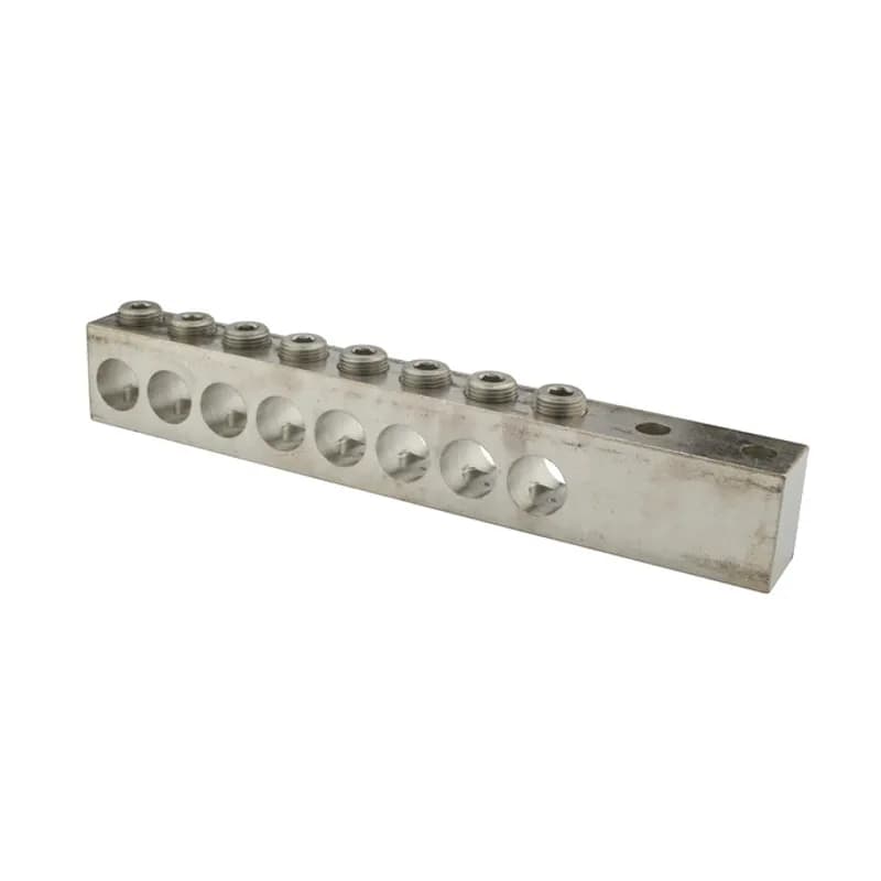 8 Port Aluminum Dual Rated Transformer Connector 750 MCM - 250 MCM made from 6061T-6 aluminum alloy. It is electro-tin plated for low contact resistance. Two NEMA 1/2" holes for easy attachment. Rated 600 volts.