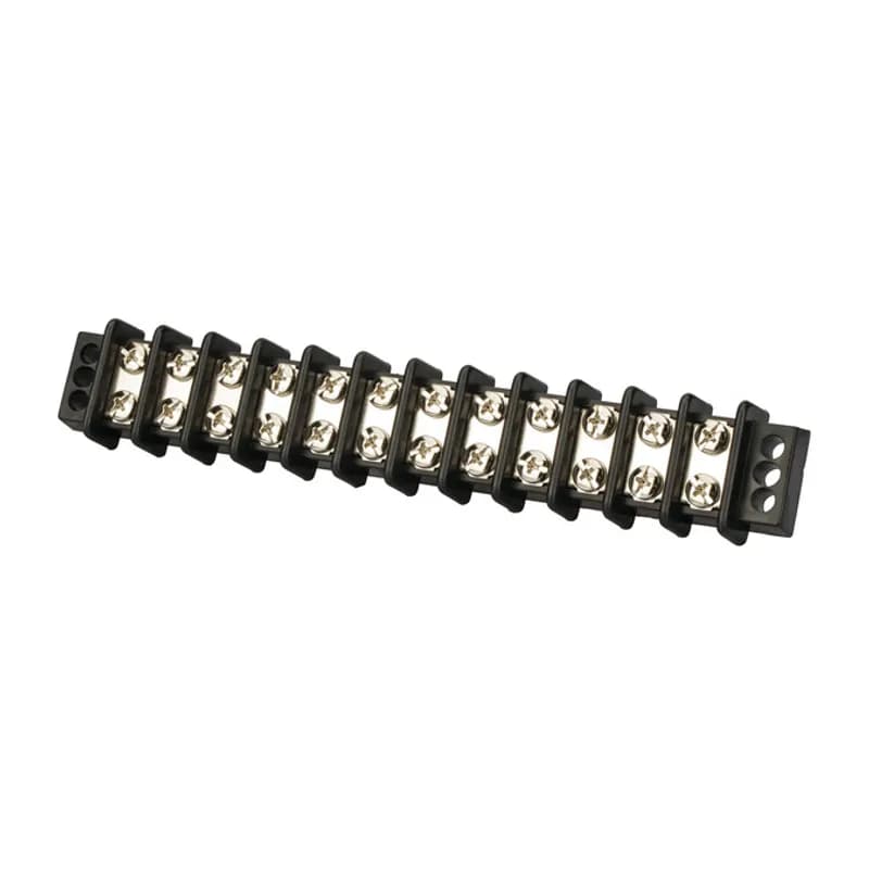 12 Circuit Double Row Terminal Block Terminal blocks are made from strong glass-filled polyester. Heavy duty construction with corrosion resistant terminal plates ensures dependable, easy access multiple termination block. Screws are #8 stud size. Rated for 30 amps and 600 volts maximum.
