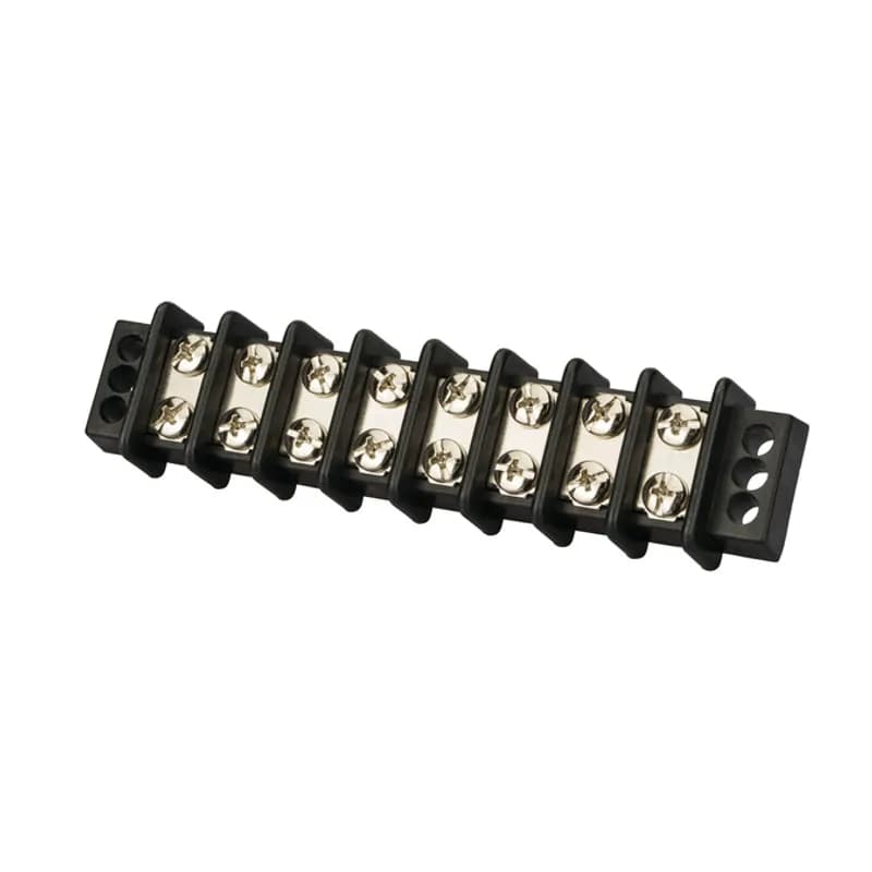 NSI Industries TB3096-8 - 8 Circuit Double Row Terminal Block Terminal blocks are made from strong glass-filled polyester. Heavy duty construction with corrosion resistant terminal plates ensures dependable, easy access multiple termination block. Screws are #8 stud size. Rated for 30 amps and 600 volts maximum.