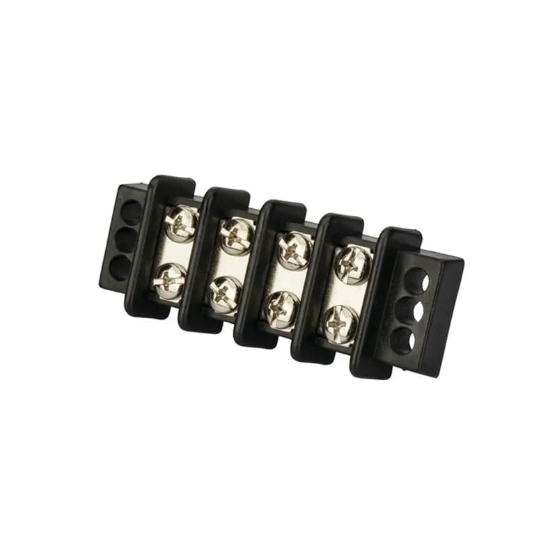 4 Circuit Double Row Terminal Block Terminal blocks are made from strong glass-filled polyester. Heavy duty construction with corrosion resistant terminal plates ensures dependable, easy access multiple termination block. Screws are #8 stud size. Rated for 30 amps and 600 volts maximum.