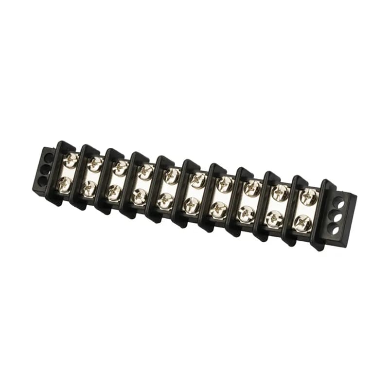 10 Circuit Double Row Terminal Block for 22-14 AWG applications. Made from strong, glass-filled polyester. Heavy duty construction with corrosion resistant terminal plates ensures dependable, easy access multiple termination block. Screws are #8 stud size. Rated for 30 amps and 600 volts maximum.