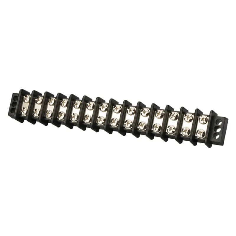 14 Circuit Double Row Terminal Block Terminal blocks are made from strong glass-filled polyester. Heavy duty construction with corrosion resistant terminal plates ensures dependable, easy access multiple termination block. Screws are #8 stud size. Rated for 30 amps and 600 volts maximum.