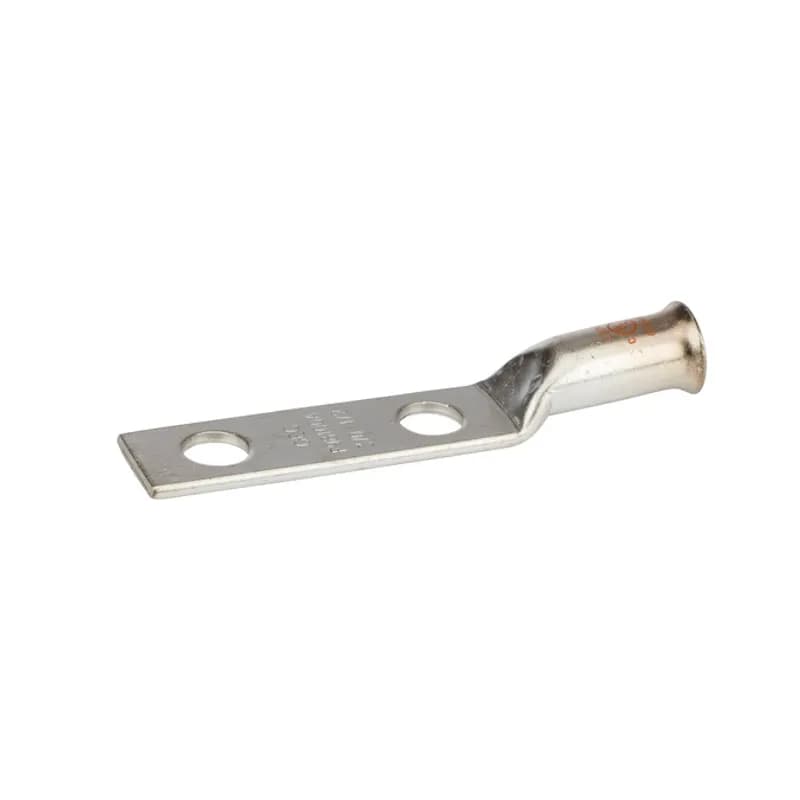 2HoleLong Barrel Copper Compression Lug for Flexible Copper Cable3/0AWG - 1/2" Bolt Compression lugs for flexible copper cables are connects that have a gentle, continuous flared end to ensure ease of cable insertion of flexible and extra flexible cables such as locomotive, welding, mining cable and more. The flared end also reduces pressure on the cable strands after installation and protects them from chafing and breakage as a result of cable movement. Tin-plated for corrosion resistance. Rated 600 volts for copper cables only. Single mounting hole.