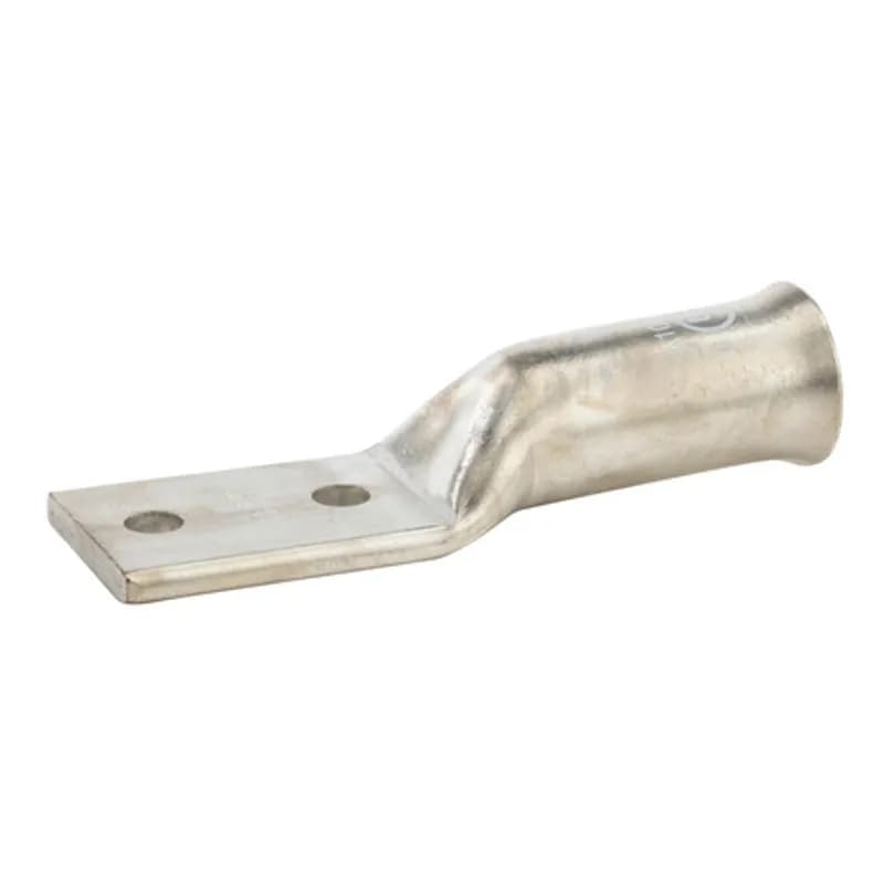2HoleLong Barrel Copper Compression Lug for Flexible Copper Cable1000 MCM- 1/2" Bolt Compression lugs for flexible copper cables are connects that have a gentle, continuous flared end to ensure ease of cable insertion of flexible and extra flexible cables such as locomotive, welding, mining cable and more. The flared end also reduces pressure on the cable strands after installation and protects them from chafing and breakage as a result of cable movement. Tin-plated for corrosion resistance. Rated 600 volts for copper cables only. Single mounting hole.