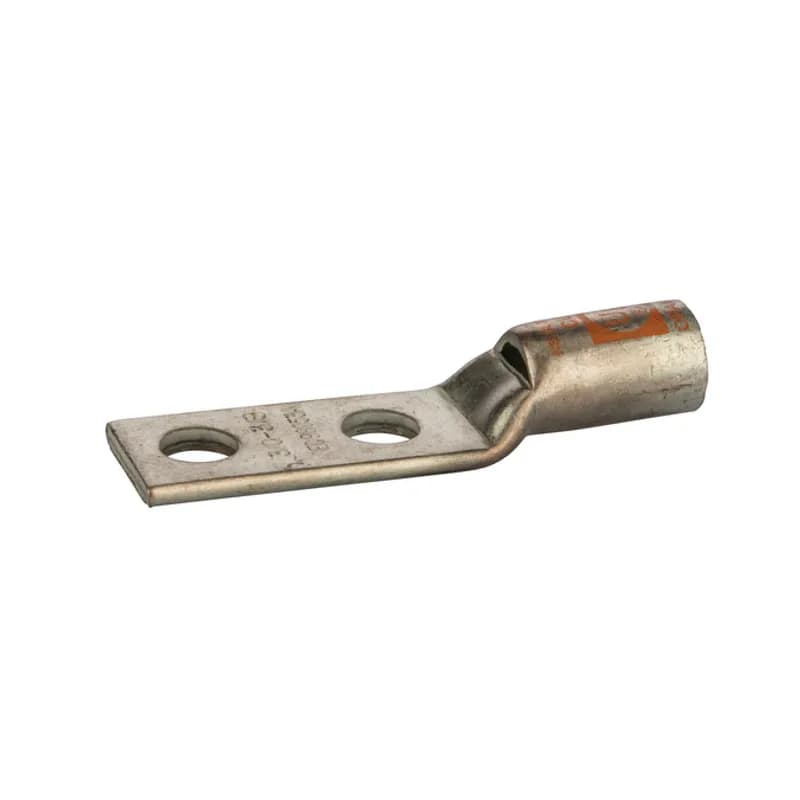 2 Hole Short Barrel Copper Compression Lug w/ Peep Hole 3/0 AWG - 3/8" Bolt Short Barrel Copper Compression Lugs with Peep Hole is a type of copper compression connector that is produced from high conductivity copper tubing. They are tin-plated to provide corrosion resistance and are marked with die index and color coded for easy reference. Listed for 35KV maximum when properly installed.