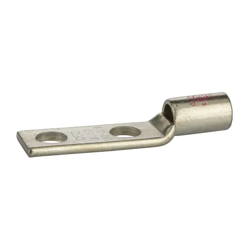 2 Hole Short Barrel Copper Compression Lug w/ Peep Hole 1/0 AWG - 3/8" Bolt Short Barrel Copper Compression Lugs with Peep Hole is a type of copper compression connector that is produced from high conductivity copper tubing. They are tin-plated to provide corrosion resistance and are marked with die index and color coded for easy reference. Listed for 35KV maximum when properly installed.
