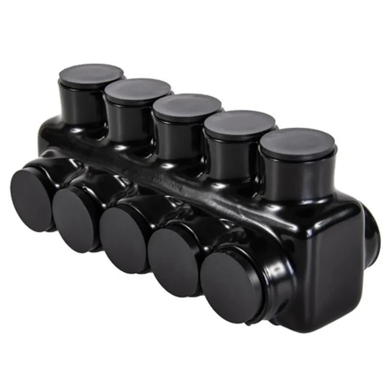 NSI Industries IPLD350-5B - The Polaris IPLD350-5B Multi-Tap Dual-Sided Entry Black Connector features 5 ports sized for 350 MCM - 6 AWG wires. The body is made from aluminum alloy wrapped in a layer of plastisol insulation. Each dual-sided port is pre-loaded with an oxide inhibitor, with removable access plugs over the hex screws used to tighten the connections. Installs with a hex key and torque wrench, without any tape or additional supplies, and comes packaged in a clear plastic bag with a mounting hole for hanging in retail displays. Designed for use in a wide range of splicing applications, including installation in cable trays, panel boards, ducts, raceways or troughs.