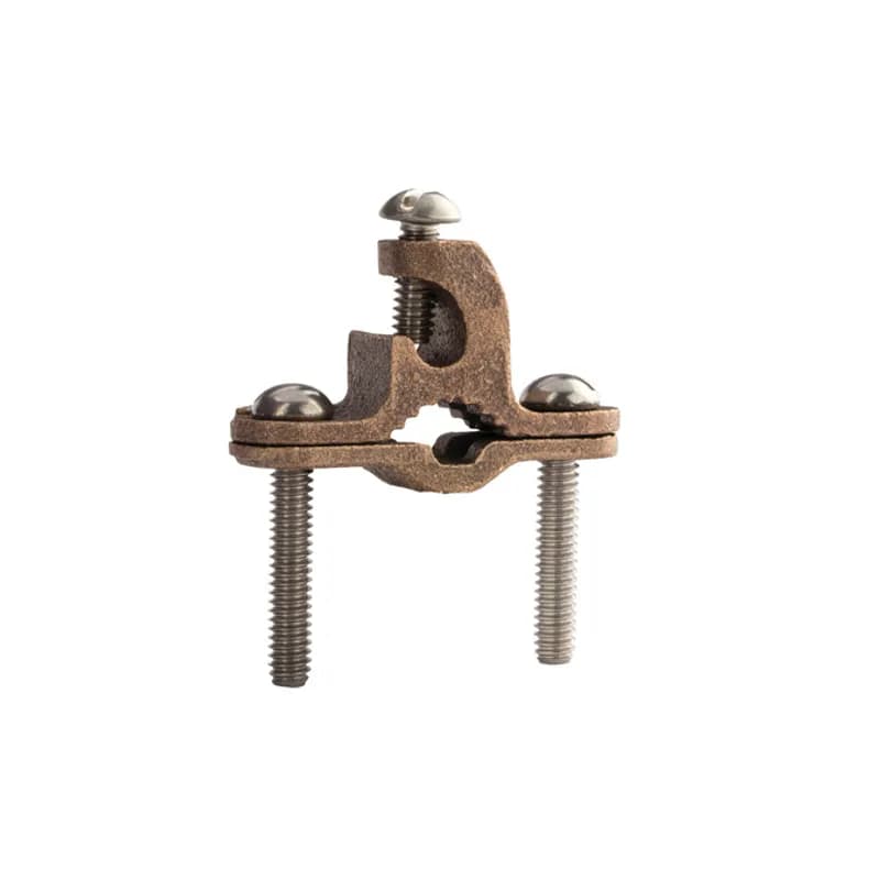 NSI GLC-12DB Heavy Duty Direct Burial Ground Clamps grip on pipes between 1/2" to 1" in diameter and are the ultimate ground clamps for securing just about any size ground wire in just about any application. The bronze body and pre-assembled 304 stainless steel screws are made of economical, high-quality metals that provide durable performance in a range of applications. The lay-in lug design of these clamps provides ultimate flexibility when securing large conductors and can accommodate wires in the range of 10 to 2 STR. Use this heavy-duty ground clamp to secure ground wire to copper water pipes, tubing, rebar and ground rods up to 1" in diameter. UL Listed for direct burial in both earth and concrete. UL Listed 467 for grounding and bonding. Stock products you can rely on—stock NSI.