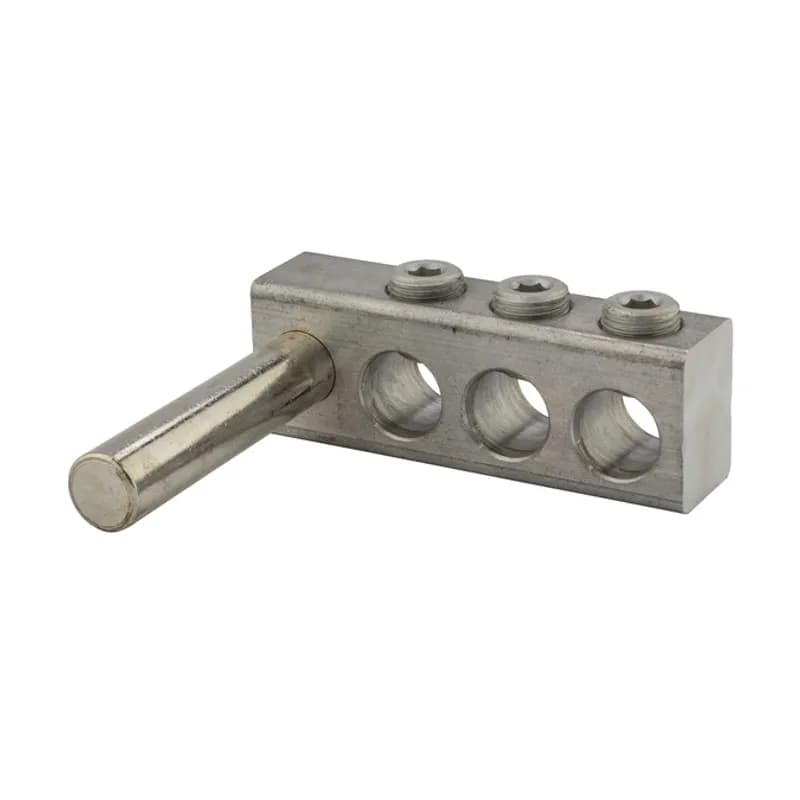 NSI Industries TS500-3 - 3 Port Aluminum Dual Rated Transformer Stud Connector 500 MCM - 4 AWG Aluminum dual rated transformer stud connectors are versatile and reusable set screw connectors made from 6061T-6 aluminum alloy for superior electrical and mechanical performance. Clear plated for low contact resistance- stud is tin plated copper which provides low contact resistance for connection to transformer. For use with copper and aluminum conductors. Meets or exceeds ANSI C119.4 Class A. Rated 600V. Temperature rating 90 degrees C.