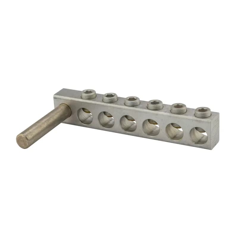 NSI Industries TS350-6 - 6 Port Aluminum Dual Rated Transformer Stud Connector 350 MCM -6 AWG Aluminum dual rated transformer stud connectors are versatile and reusable set screw connectors made from 6061T-6 aluminum alloy for superior electrical and mechanical performance. Clear plated for low contact resistance- stud is tin plated copper which provides low contact resistance for connection to transformer. For use with copper and aluminum conductors. Meets or exceeds ANSI C119.4 Class A. Rated 600V. Temperature rating 90 degrees C.