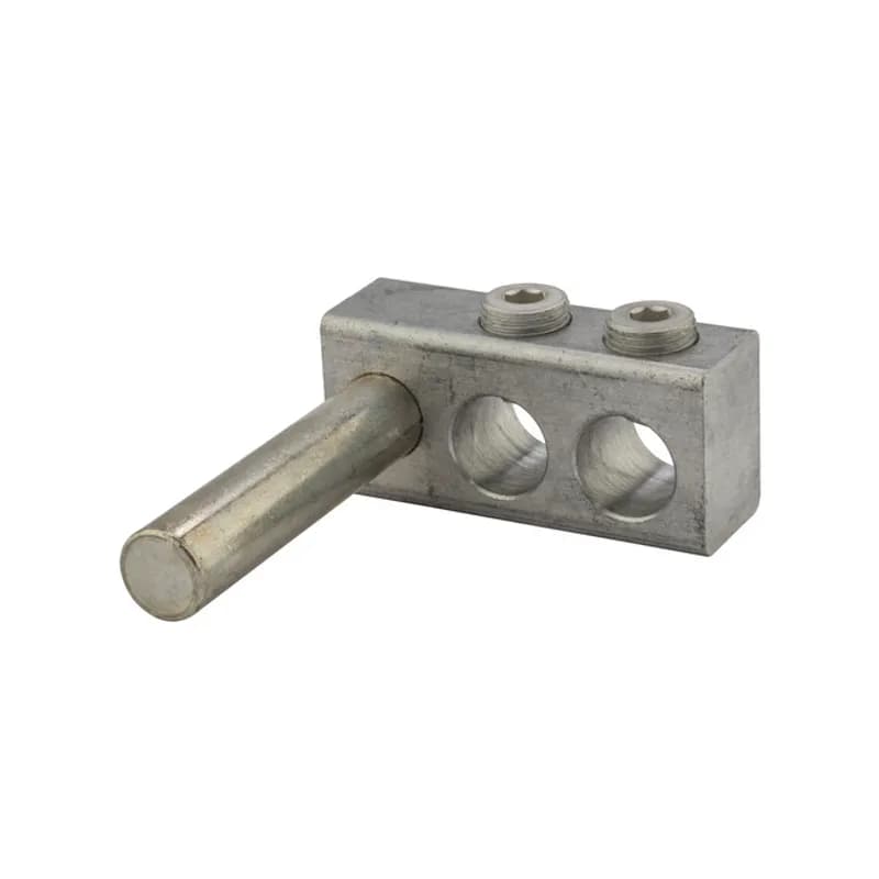 NSI Industries TS500-2 - 2 Port Aluminum Dual Rated Transformer Stud Connector 500 MCM - 4 AWG Aluminum dual rated transformer stud connectors are versatile and reusable set screw connectors made from 6061T-6 aluminum alloy for superior electrical and mechanical performance. Clear plated for low contact resistance- stud is tin plated copper which provides low contact resistance for connection to transformer. For use with copper and aluminum conductors. Meets or exceeds ANSI C119.4 Class A. Rated 600V. Temperature rating 90 degrees C.