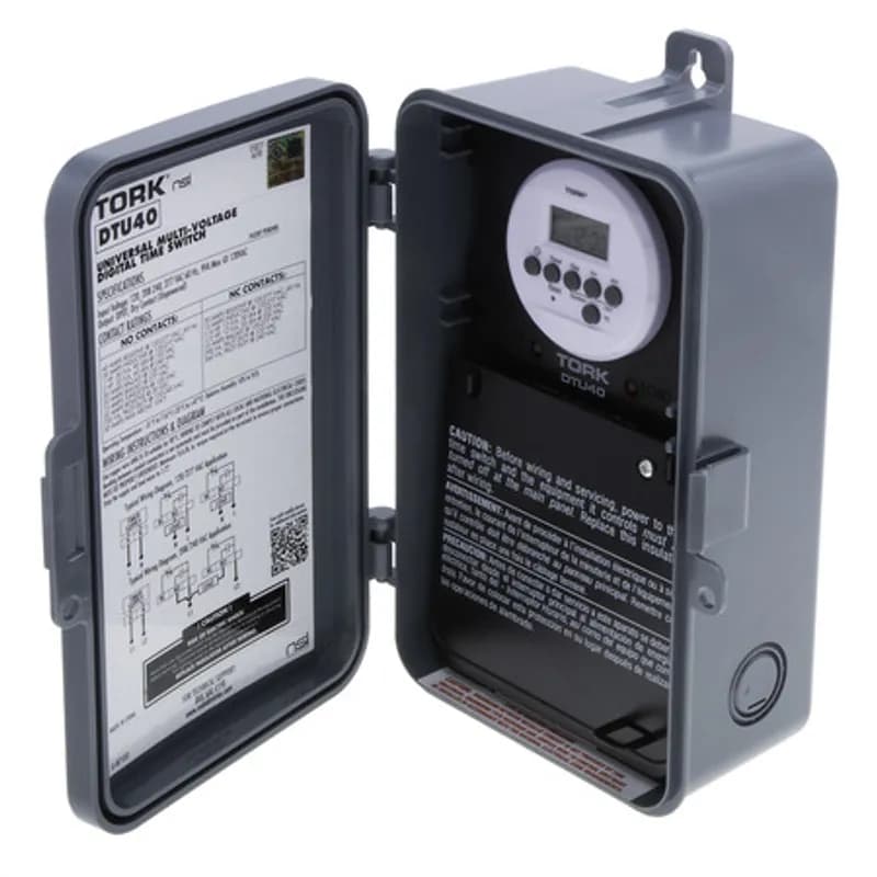 The TORK TU40 24-hour electromechanical indoor/outdoor lighting and appliance time switch features 24-hour programming, multiple on/off settings and automatic voltage detection. Automate an outlet in your home or office using a looping daily schedule or put it into “vacation mode†to simulate activity while you’re away. Designed for heavy-duty applications including air conditioners, water heaters of pumps, signs, lamps, fans and other appliances.