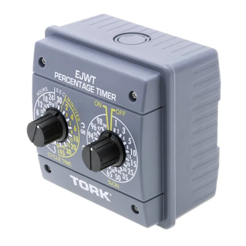 NSI Industries EJWT - The TORK EJWT 24-Hour Percentage Timer Switch is designed for a wide range of applications in the agriculture, industrial, pumping or livestock industries. Automate your home or facility to save energy and money using the two control dials, one of which sets the cycle time and the second of which sets the percentage of time that the timer will be on. Featuring a total of 960 different time combinations, this timer matches the needs of most industrial applications and meets NEMA-4X standards for water resistance. Designed for any application that requires a daily repeating cycle, such as poultry, livestock, agriculture, greenhouses, oil well pumping or ventilation.