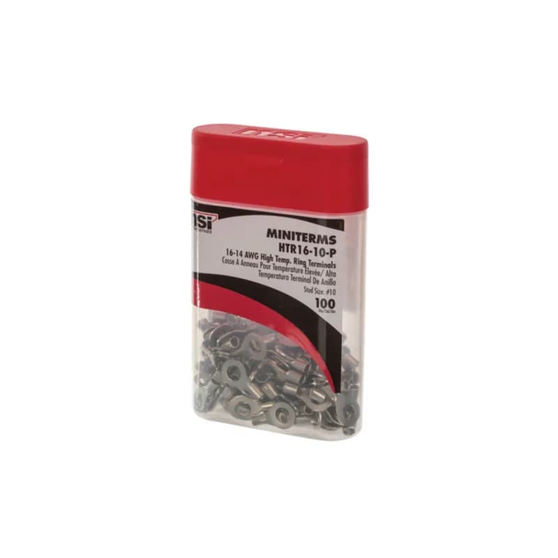 NSI Industries HTR16-10-P - 16-14 AWG Uninsulated High Temperature Ring Terminal #10 Stud Uninsulated h igh temperature ring terminals are made of tin-plated copper to prevent corrosion. 600V, 105 degrees C. FEATURES: STYLE: Uninsulated MATERIAL: Tin-plated copper QUANTITY: 100 Count WIRE SIZE: 16-14 A WG STUD SIZE: 10 LENGTH: 0.450 WIDTH: 0.384