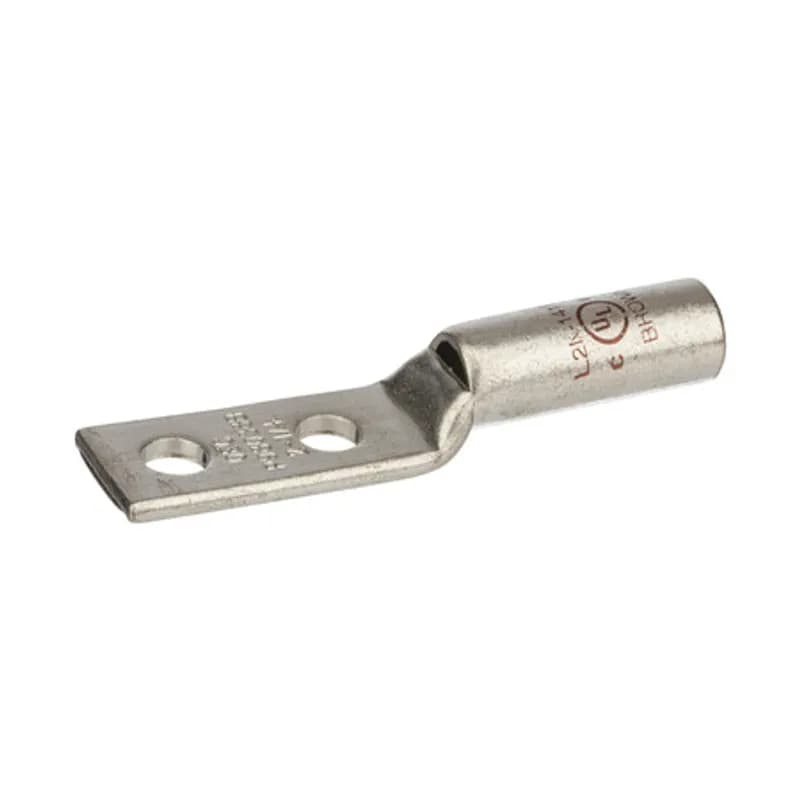 NSI Industries L2N-14 - 2 Hole Long Barrel Copper Compression Lug 2 AWG - 1/4" Bolt - 1" Mounting Spacing Long Barrel Copper Compression Lugs are produced from high conductivity copper tubing. Allows easy inspection of the termination to assure complete cable insertion. Tin-plated to provide corrosion and low contact resistance. Marked with die index and color coded. Listed for 35KV maximum when properly installed. Rated 600V. cULus 486A/B Listed. UL467 Listed on sizes 6 AWG - 3/0 AWG. Temperature rating 90 degrees C.