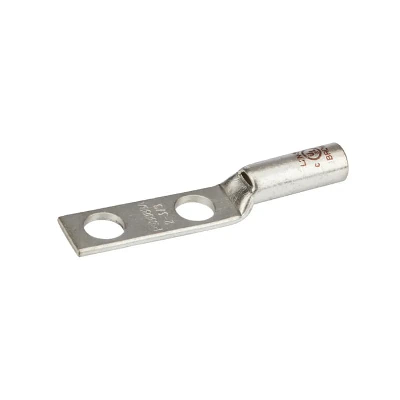 2 Hole Long Barrel Peep Hole Copper Compression Lug with Peep Hole 2 AWG - 3/8" Bolt - 1" Mounting Spacing Long Barrel Copper Compression Lugs are produced from high conductivity copper tubing. Allows easy inspection of the termination to assure complete cable insertion. Tin-plated to provide corrosion and low contact resistance. Marked with die index and color coded. Listed for 35KV maximum when properly installed. Rated 600V. cULus 486A/B Listed. UL467 Listed on sizes 6 AWG - 3/0 AWG. Temperature rating 90 degrees C.