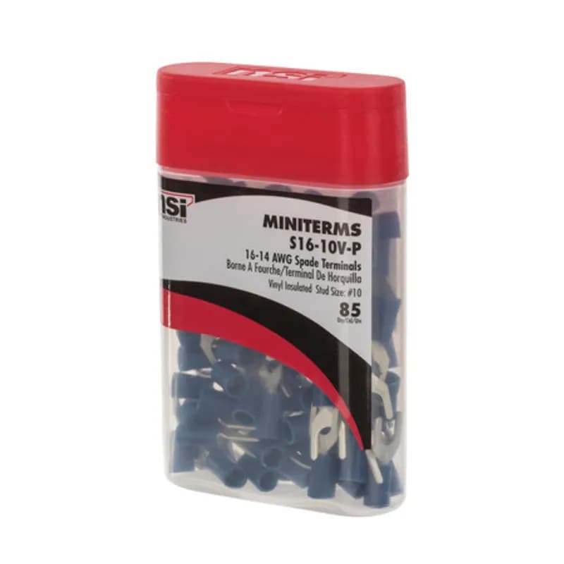 16-14 AWG Vinyl Insulated Spade Terminal #10 Stud Vinyl insulated spade terminals have an open tongue end for rapid insertion on the mounting screw. Typically used on free-standing studs. Vinyl insulated spade terminals are made of electro tin-plated copper, vinyl (PVC). 300V, 75 degrees C. FEATURES: STYLE: Standard MATERIAL: Vinyl QUANTITY: 85 Count WIRE SIZE: 16-14 AWG STUD SIZE: 10 LENGTH: 0.966 WIDTH: 0.362