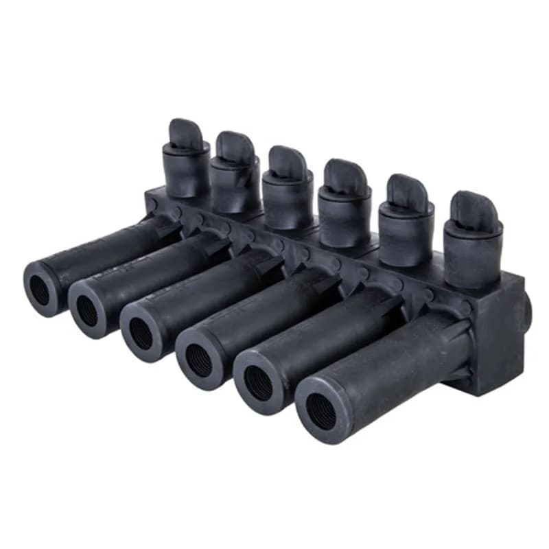 NSI Industries ISPB600-6 - The Polaris ISPB600-6 Multi-Tap Direct Burial Single-Sided Entry Connector features 6 ports sized for 600 MCM - 12 AWG wires. The body is made from aluminum alloy wrapped in a layer of high-dielectric strength rubber insulation. Each single-sided port is pre-loaded with an oxide inhibitor, with removable access plugs over the hex screws used to tighten the radial-tipped set screws. Rated for temporary submersion, wet or damp locations and direct burial applications. Installs with a hex key and torque wrench, without any tape or additional supplies. Meets or exceeds ANSI C119.1 specifications for use in wet or damp locations and designed for use in a wide range of temporary submersal or burial splicing applications.