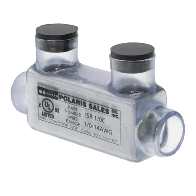 NSI Industries ISR-1/0C - The Polaris ISR-1/0C Multi-Tap In-line Entry Vision Tap Connector features 2 ports sized for 1/0 - 14 AWG wires. The clear body allows users to see their conductor placement and is wrapped in a layer of plastisol insulation. Each port is pre-loaded with an oxide inhibitor, with removable access plugs over the hex screws used to tighten the connections. Installs with a hex key and torque wrench, without any tape or additional supplies. Designed for use in a wide range of splicing applications, including installation in cable trays, panel boards, ducts, raceways or troughs.