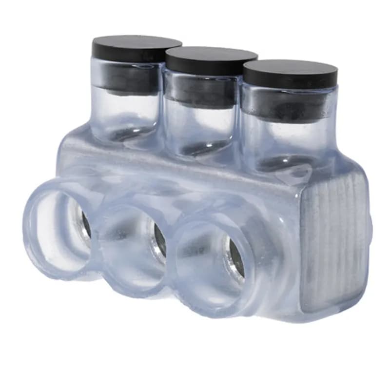 NSI Industries IPL250-3C - The Polaris IPL250-3C Multi-Tap Single Side Entry Vision Tap Connector features 3 ports sized for 250 MCM - 6 AWG wires. The clear body allows users to see their conductor placement and is wrapped in a layer of plastisol insulation. Each port is pre-loaded with an oxide inhibitor, with removable access plugs over the hex screws used to tighten the connections. Installs with a hex key and torque wrench, without any tape or additional supplies. Designed for use in a wide range of splicing applications, including installation in cable trays, panel boards, ducts, raceways or troughs.