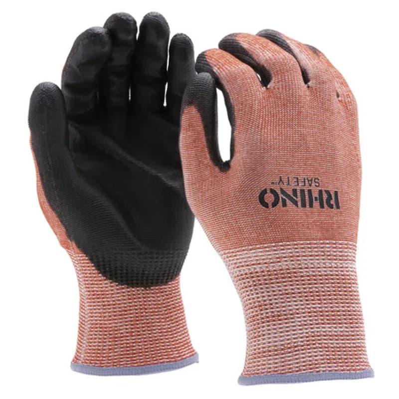 The RHINO Safety GLV-700L Red HPPE Nylon Safety Gloves, large size, offer protection on the jobsite and beyond with their 13-gauge nylon construction and dipped black polyurethane palm coating. Provides A8 heavy-duty cut protection and guards against abrasions, oils and chemicals while improving your grip and remaining comfortable and breathable to wear all day. Offers UV protection and a flexible grip.