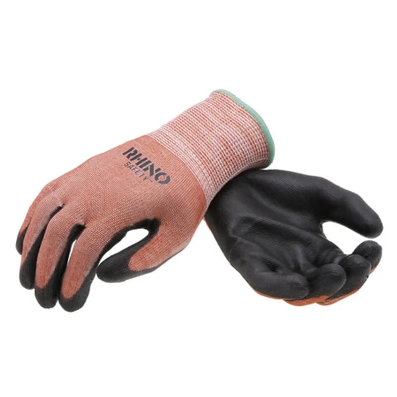 The RHINO Safety GLV-700M Red HPPE Nylon Safety Gloves, medium size, offer protection on the jobsite and beyond with their 13-gauge nylon construction and dipped black polyurethane palm coating. Provides A8 heavy-duty cut protection and guards against abrasions, oils and chemicals while improving your grip and remaining comfortable and breathable to wear all day. Offers UV protection and a flexible grip.