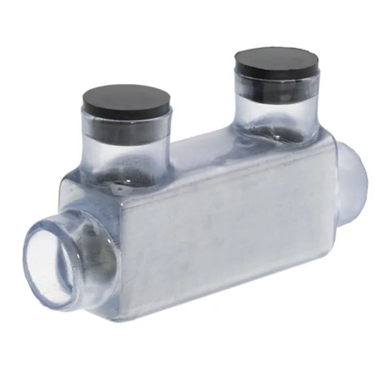 NSI Industries ISR-500CB - The Polaris ISR-500CB Multi-Tap Multi-Tap In-Line Entry Connector features 2 ports sized for 500 MCM - 4 AWG wires. The clear body allows users to see their conductor placement and is wrapped in a layer of plastisol insulation. Each in-line port is pre-loaded with an oxide inhibitor, with removable access plugs over the hex screws used to tighten the connections. Installs with a hex key and torque wrench, without any tape or additional supplies, and comes packaged in a clear plastic bag with a mounting hole for hanging in retail displays. Designed for use in a wide range of splicing applications, including installation in cable trays, panel boards, ducts, raceways or troughs.